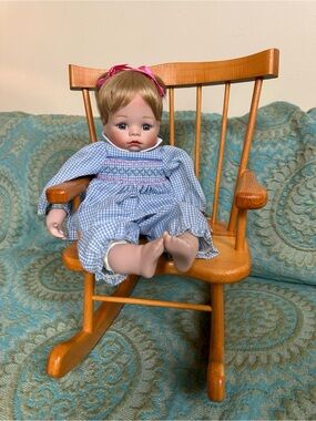 “Hannah needs a hug” Porcelain Doll in Blue Gingham Outfit with rocking chair